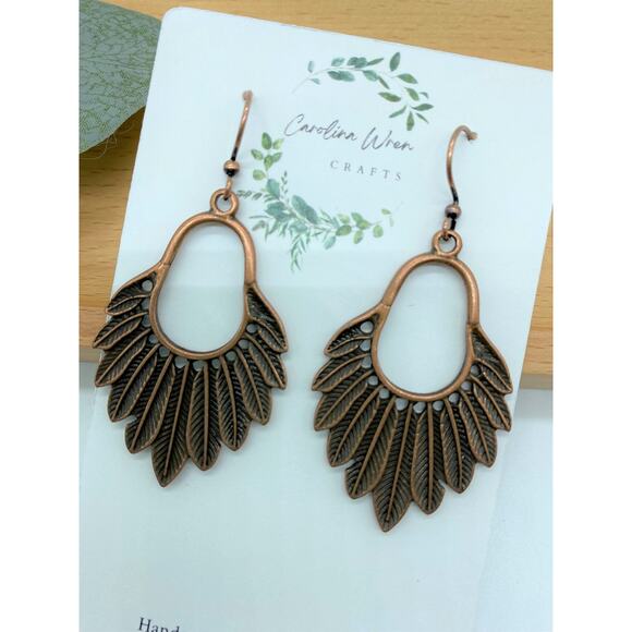 5/$25 Antique Copper Metal Feather Dangle Earrings - Picture 3 of 3